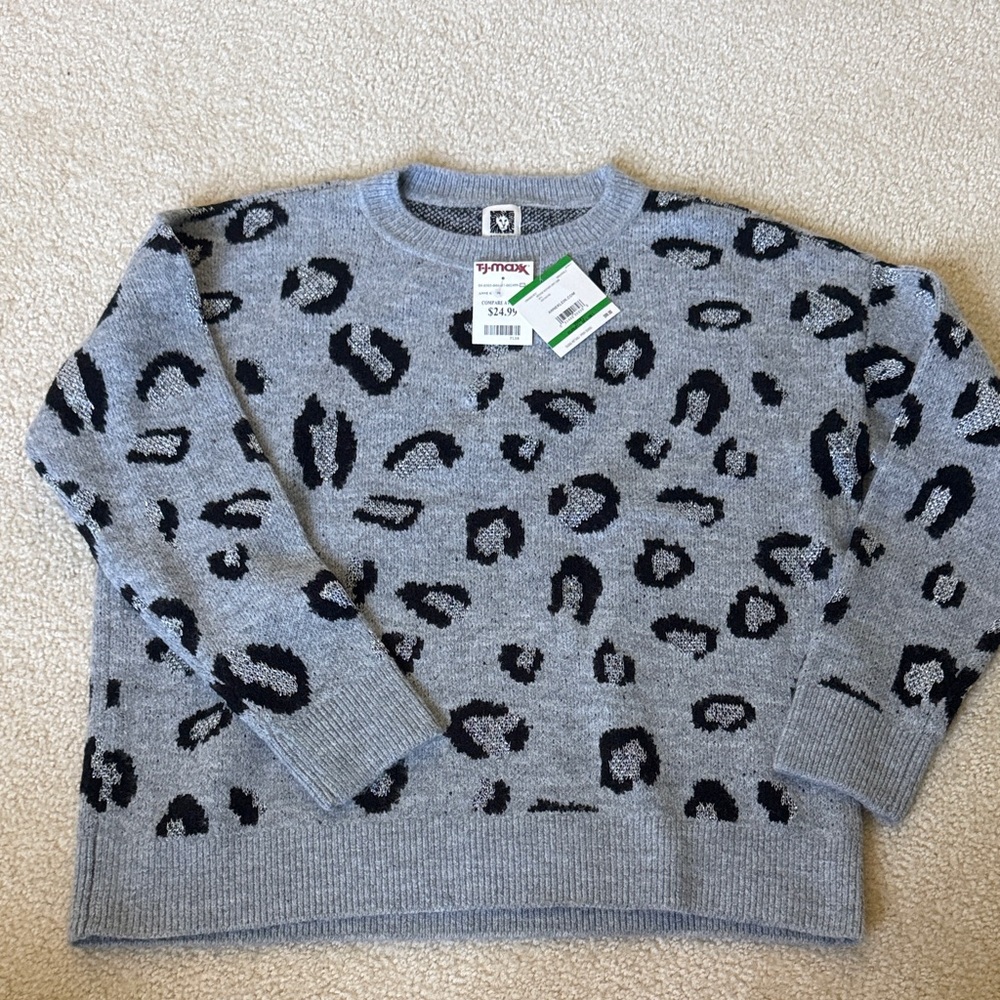 Anne Klein Gray and Black Leopard Print Crewneck Sweater